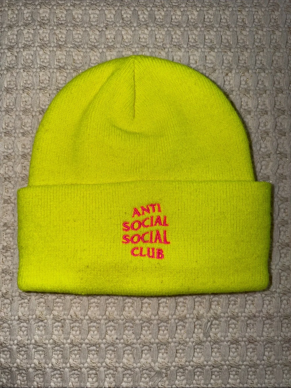 NWOT Anti Social Social Club Neon Yellow Knit Beanie with Pink Embroidered Logo